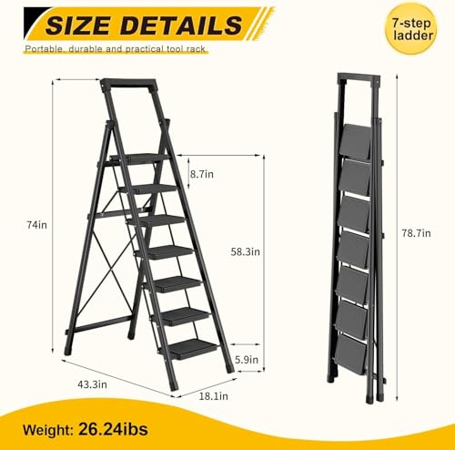 Image of 7 Step Ladder with Platform, Folding Step Stool Heavy Duty, Portable Step Ladders with Anti-Slip Widen Pedals, Handrail, Safe-Lock Design, Tall Kitchen /Closet Step Ladder for Adults,Carbon Steel