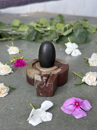 Image of Shivam VASTU AKAL 1.5 inch Original Narmadeshwar Narmada Shivling with 3 inch Narmada Stone Yoni Base Jaladhari (Black Shivling, Multicolor Flate Jaladhari)