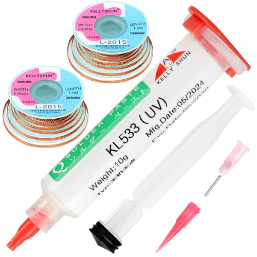 Image of KL-533 Liquid Flux,10CC No Clean Soldering Flux & Solder Wick,Soldering Flux for Electronics Soldering Rosin Flux Paste, 5 Ft Desoldering Wick (2 PACK)