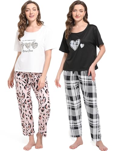 2 Pack Women's Pajama Sets Short Sleeve Tee Pants Pjs Plaid Leopard Lounge wear2