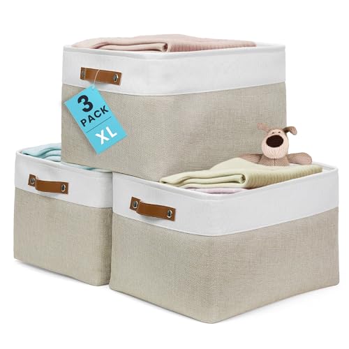 Image of OrganiHaus 16x12.5in Canvas Storage Baskets 3 Pack | EXTRA LARGE Fabric Bins for Shelves | Linen Closet Organizer | Beige/Off-White