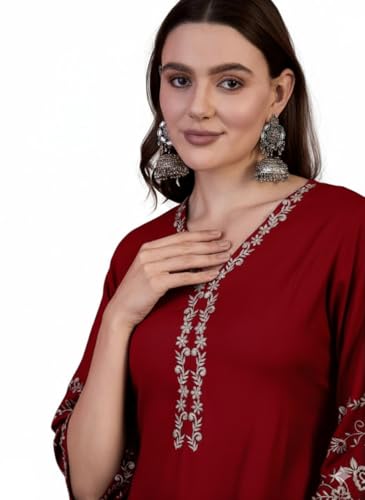 Image of MAHIRA'S Women's Short Kurti, Black Rayon Tunic Top with Embroidered Sleeves, 3 /4 Designer Sleeves