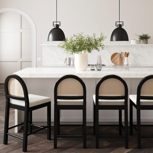 Image of Nathan James Bailey Boucle Upholstered Rattan Bar Stool, Counter Height Stool with Natural Rattan Woven Back For Kitchen Island, White/Black Oak, Set of 4