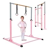 JF HOME BLISS Gymnastics Bar for Kids, Gymnastics Bars with Rings Height Adjustable Horizontal Bar – Safe and Stable Gym Bar for Home Training, Garden, Outdoor & Indoor Use (Pink)