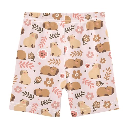 Cute Capybara Pink Flowers Girls Shorts Elastic Waist Sports Shorts Girls Leggings Pants for 4-10 Years2