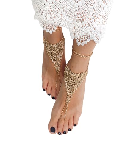 Hand Crochet Barefoot Sandals - Metallic Light Gold