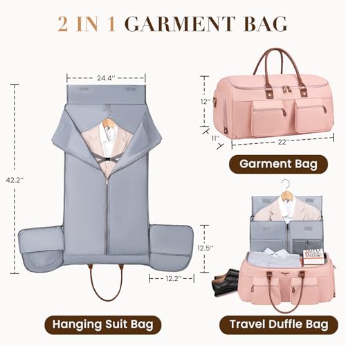 Convertible Garment Bag for Travel, Garment Duffle Bag for Women, PU Leather Travel Garment Bag Carry On, 2 in 1 Suit Travel Bags for Hanging Clothes with Shoe Compartment-Pink2