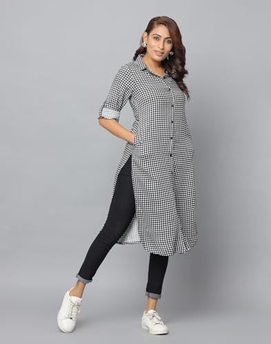 Image of Women's Shirt Collar Kurta with Front Full-Length Placket, Button Straight Cut, 3 /4th Sleeve, Side Pockets
