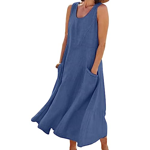 BIUBIULOVE Abito da Donna Senza Maniche in Cotone E Lino,Abito Lungo da Donna Vestito Estivo da Canotta,Abiti Girocollo Larghi Solidi con Tasca,Abito Senza Maniche alla Moda Casual Boho (L,Blu)