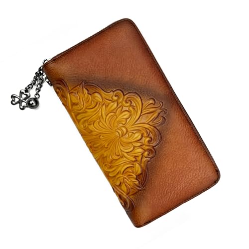 Image of Wallet Genuine Leather for Women - with RFID Blocking Card checkbook ID Slot Large Capacity Vintage style (floral brown)