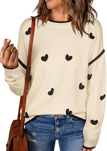 Women's Heart Sweater Crew Neck Casual Long Sleeve Loose fit Love Print Ribbed Knit Sweaters Pullover Top Off White L