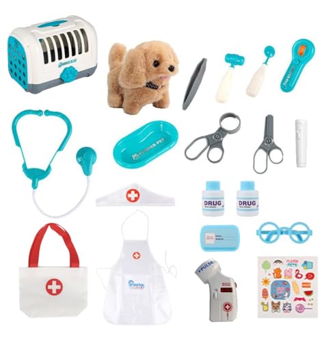 Brinquedo veterinário para crianças, 20 peças, conjunto de veterinário com brinquedos para cães, bata médica, gaiola para cães, brinquedo interativo
