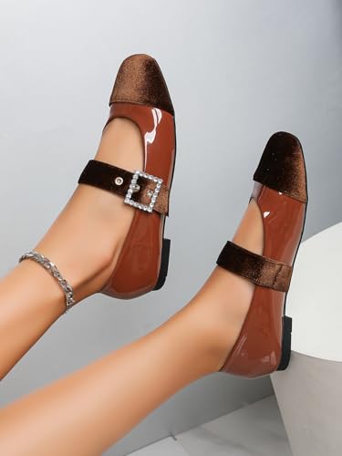 Women's Flat Mary Jane Shoes with Suede Cap Toe Dress Leather Ballet Flats with Square Rhinestone Buckle Comfortable Slip On Work Office Ankle Strap Flats3