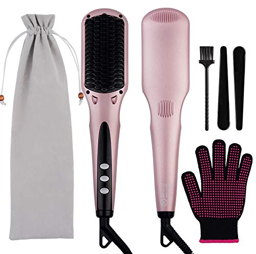 Hair Straightener Brush, 30S Fast MCH Heating Ionic Hair Straightening Brush, 16 Temperature Settings, Auto Shut-Off & Anti-Scald & Portable Brush Straightener for Curly Frizz Hair (Rose gold)