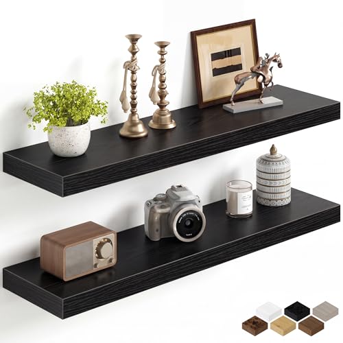 Image of Fun Memories 32Inch Floating Shelves for Wall, 8 Inch Deep Shelves for Bathroom|Bedroom|Kitchen Wall Mounted, Wood Hanging Shelf with Invisible Brackets for Home Storage Decor, Black - 2 Pack
