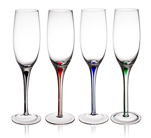 Trinkware Set of 4 Champagne Flutes With Raindrop Stem in Red, Green, Blue And Black - Long Stem Glasses, 9oz, 10-inches Tall – Colored Stem Glasses