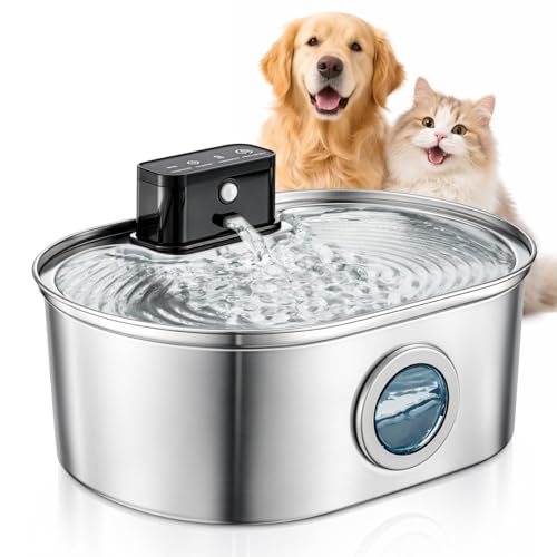 YORKING Stainless Steel Cat Water Fountain 4L/135oz, Automatic Pet Drinking Fountain with with Motion Sensor, Water Level Window, 3 Modes, Wireless Water Bowl for Cats and Dogs