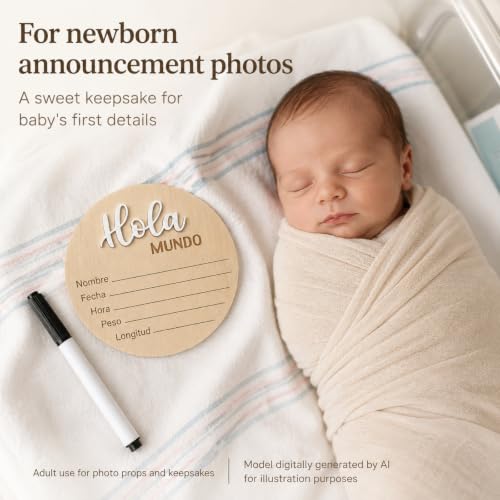 Image of Spanish Baby Birth Announcement Sign - Hola Mundo Wooden Newborn Board | Wooden Spanish Hola Mundo baby announcement disc with 3D letters and a marker to record newborn birth details.