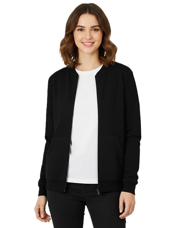 Women's Loose Fit Drop Shoulder Loopknit Bomber Jacket with Zipper Closure and Side Pockets For Women (Colour: Black)-image-12