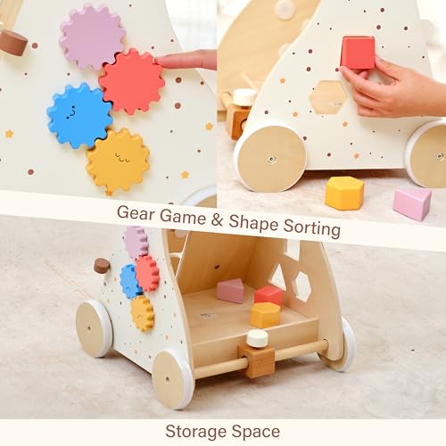 Image of Pillowhale Wooden Baby Walker with Wheels Montessori Activity Push Walker Toy for Toddlers Adjustable Speed & Activity Center for Girls Boys 12M+