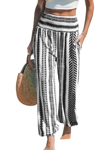 CUPSHE Women Pants Smocked Waist Pants Tapered Leg Pant Loose Fit Long Trousers Casual Beach