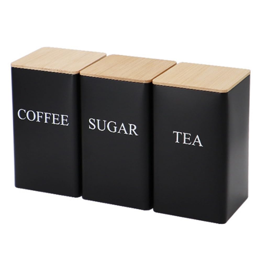 CTRLZS 3Pcs Modern Cookie Jar Simple Style Bamboo Lid Iron Tea Can Snack Storage Coffee Bean Square Can Black