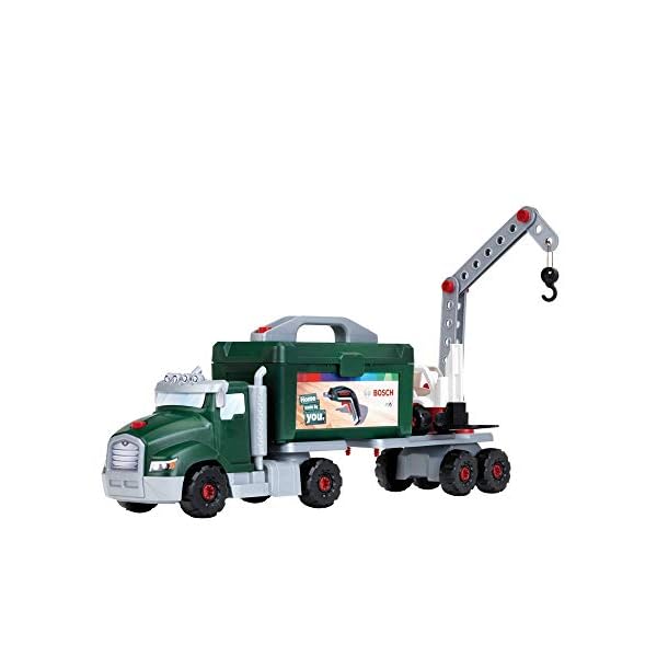 Theo Klein 8640 Bosch Schraubtruck Spiel-Set mit Ixolino I Konstruktions-Spielzeug mit Werkzeug, Gabelstapler und Kran I Maße: 70 cm x 13,83 cm x 22,25 cm I Spielzeug für Kinder ab 3 Jahren