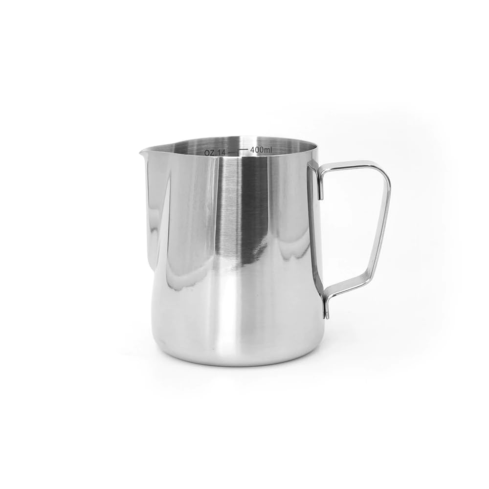 Brewing Gadgets Precise Stainless Steel Professional Milk Pitcher for Latte Art with etched markings -Milk frothing jug, use for Cappuccino, Latte art 400ml Capacity