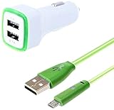 Non Pack Chargeur Voiture pour Wiko View 3 Smartphone Micro-USB (Cable Smiley + Double Adaptateur LED Allume Cigare) (Vert)