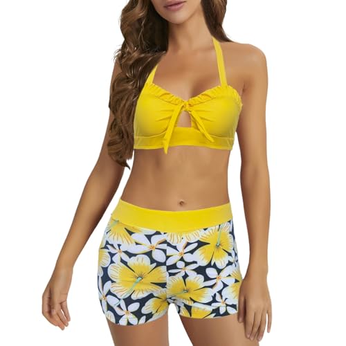 MODSGUE Conjunto de bikini para mujer, traje de baño de dos piezas, parte superior de bikini push up y cintura alta, pantalones cortos de verano, playa, cómodo bikini con pantalones cortos, Amarillo