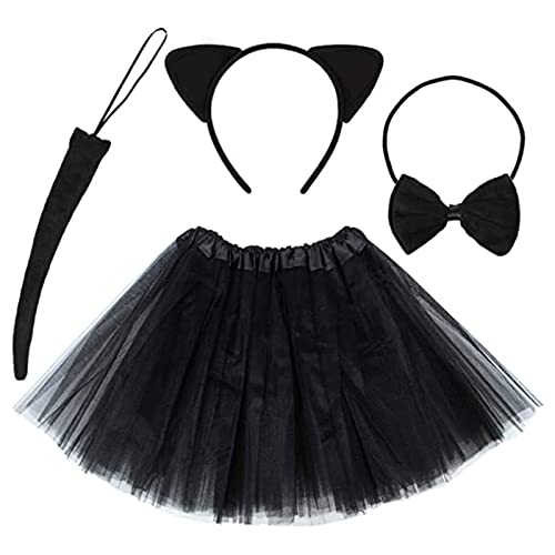 Timisea Disfraz de gato para niñas, disfraz de gato, orejas de gato, diadema, pajarita de gato, cola de gato, falda de tul negra, para carnaval, cosplay, accesorios de fiesta Cover