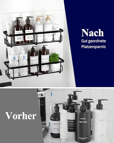 Kitsure Duschablage ohne Bohren - 2 Stück rostfreie Badezimmer Organizer, schnell trocknende Badregal, mit großer Kapazität, langlebige Shampoo Halterung für Dusche aus Edelstahl, Large, Schwarz