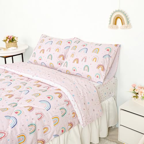 Image of Twin Size Toddler Bedding Set for Girls 5 Piece Toddler Girl Bedding, Super Soft Toddler Comforter Set Includes Comforter, Flat Sheet, Fitted Sheet, Pillowcase (Pink Cute Rainbow)