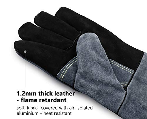 Ozero 932°F Heat Resistant Mig/Stick Welding Gloves 14 Inches Cowhide Leather - Long Sleeve And Insulated Lining Barbecue Glove For Tig Welder/Grilling/Oven/Green Egg/Stove Black-Gray #TOP3