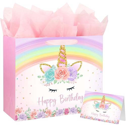 Yusenguan 13 Unicorn Birthday Gift Bag with Greeting Card and Tissue Paper for Baby Girls and Kids Birthday Party (Rainbow Unicorn)