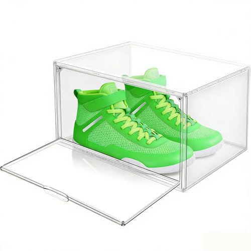 Clear Shoe Boxes Plastic Stackable ‌Shoe Cabinet‌ with Acrylic Magnetic Lids Drop Side Sneaker Display Case for Closet, Entryway, Fits Men's or Women's Shoes up to Size 12.5 (14.17''x10.62''x8.07'')