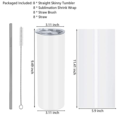 Tswofia 8 Pack Straight Sublimation Tumblers Set 20 Oz Skinny, Stainless Steel Skinny Sublimation Tumbler Blank With Shrink Wrap Film Lid Straw Set,Individually Boxed, Not Tapered #TOP5