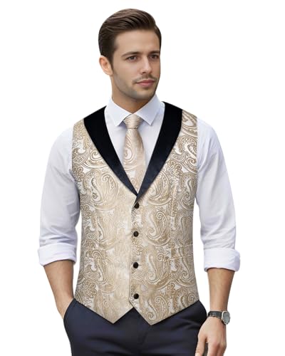 Image of DiBanGu Mens Paisley Suit Vest Silk Jacquard Waistcoat and Necktie Set Formal Shawl Collar Dress Vest 7PCS for Wedding Party