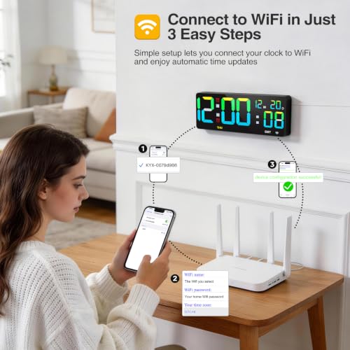 Tempospark WiFi Digital Clock 12", Digital Wall Clock WiFi Sync for Bedroom, Living Room, Classroom, WiFi Clock with Remote Control, Timer, Dual Alarms, Dimmer, Auto DST, Volume Control (Colorful) - image 2