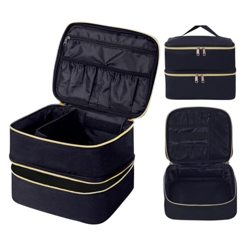 Double Layer Makeup Bag Portable Large Cosmetic Case Organizer with Adjustable Dividers Storage Travel Bag for Accessories Brushes Conditioner and Skin Care Products (Black)