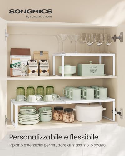 SONGMICS Scaffale Portaspezie, Estensibile, Organizzatore da Cucina, Scaffale da Cucina Piccolo, Organizzatore per Armadio, Metallo, Scarpiera, Bianco Opaco KCS007W01 - Immagine 1
