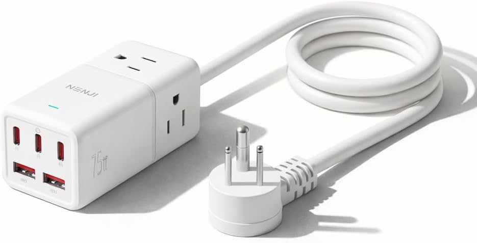 NENJI 75W GaN USB-C Super Fast Charging Station, 8-in-1 Power Strip with 5 USB & 3 AC Ports, Smart Charging, Fast PD Charger for iPhone, Samsung, iPad, MacBook – Desktop & Travel-Friendly – White