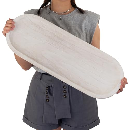 Hanobe Decorative Bowl Large Wooden: 25.5' Extra Long Wood Dough Bowls for Entry Way Table - Farmhouse Coffee Table Decor - Rustic Dining Table Centerpiece Decor, White