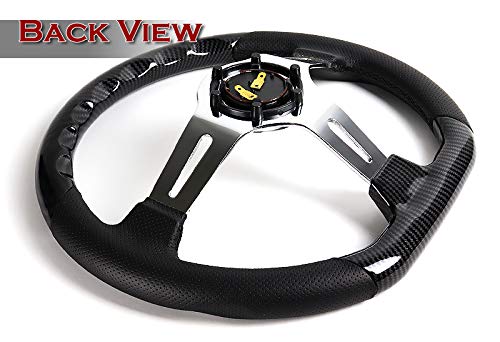 W-Power, 13.5" Universal 343Mm 6 Bolt Hole Deep Dish Carbon Fiber Wood With Aluminum Polished Black Leather Grip Steering Wheel, Black Horn Button Jdm Euro Vip Style, Silver 3-Spoke #TOP2