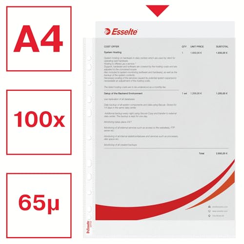 Esselte Standard Prospekthüllen-Set, 100 Stück, A4 Format, Farblos mit matter Oberfläche, Obere Öffnung, 0,065 mm PP-Folie, 23752