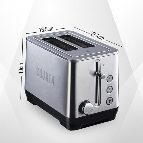 Image of Sujata 900 W Pop-up 2 Slice Stainless Steel PT11 Toaster | 7 Heating Modes | Cool Touch | Reheat and Defrost Function | High Lift Toast | Extra Wide Toast Slot