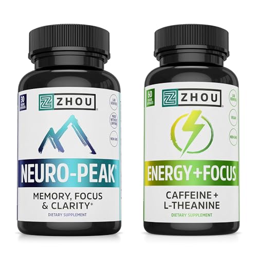 ZHOU Brain & Energy Support Bundle - Nootropic Brain Supplement for Memory & Focus, 200mg L-Theanine & 100mg Caffeine Pills, Natural Caffeine Boost - Energy + Focus (60 Caps) & Neuro-Peak (30 Caps)