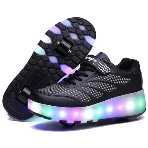 YongerYong Zapatos con Ruedas Zapatillas con Ajustables Doble Ruedas para niños y niña 7 Colores cambiantes con Luces LED para Gimnasia Zapatos de Skateboard
