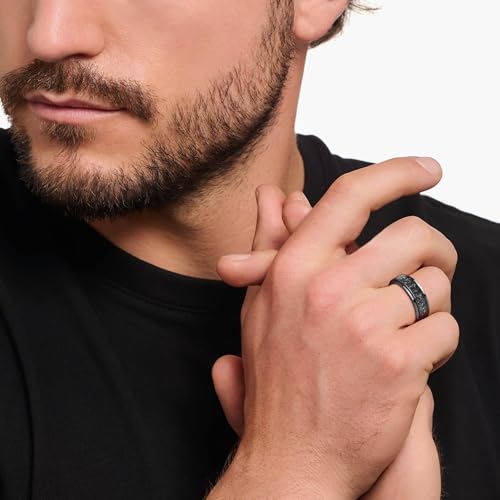 8mm Tungsten Mens Wedding Band, Black Spinner Fidget Rings Meteorite Inlaid, Anxiety Released Spinner Ring for Men Engagement Anniversary Comfort Fit Size 7-122