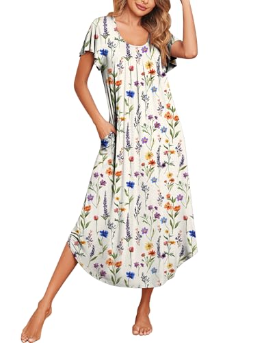 Image of Ekouaer Long Nightgowns for Women with Pockets Short Sleeves Moo Moos for Women Casual Maxi Dress House Dresses S-XXXL
